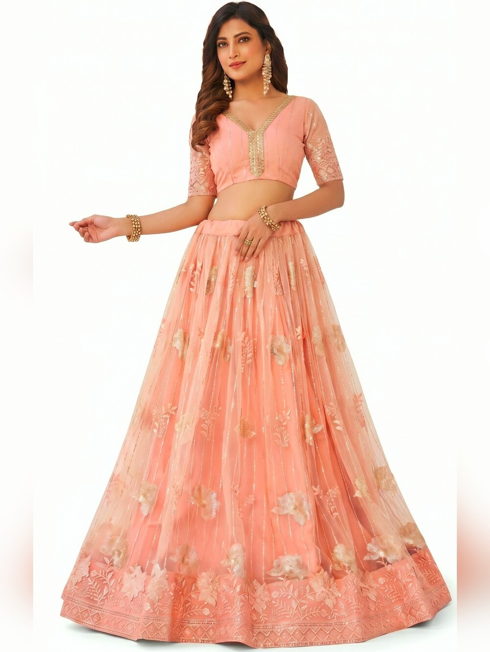 Cbazaar Peach Net Lehenga Choli Gold Sequined  Floral 2 Pc Skirt set